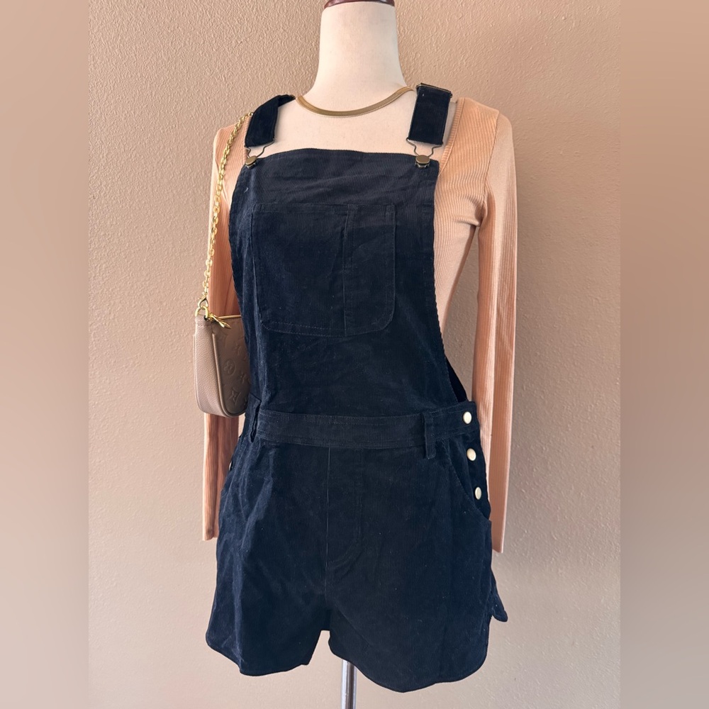 Women's Black Corduroy Short Overalls - Picture 3 of 6